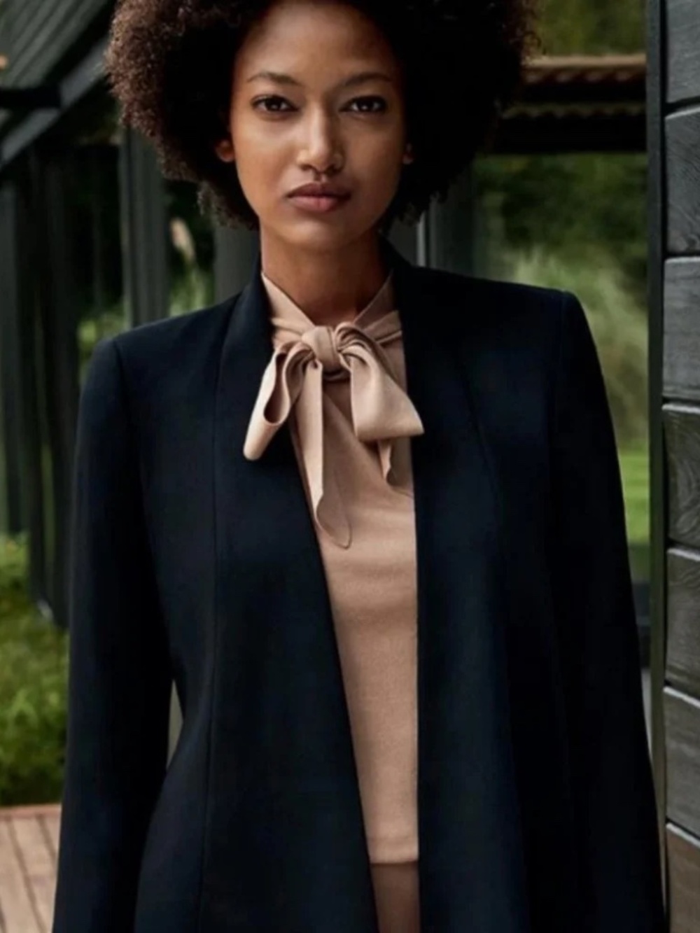 The Fold London Emilion Long Sleeve Tie Neck Knit Jumper in Ecru Tan